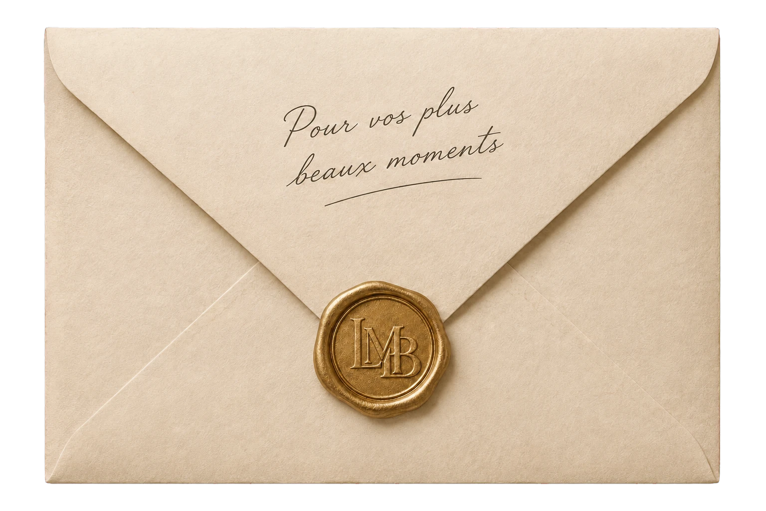 Enveloppe en papier crème portant le message Pour vos plus beaux moments et un sceau doré LMB